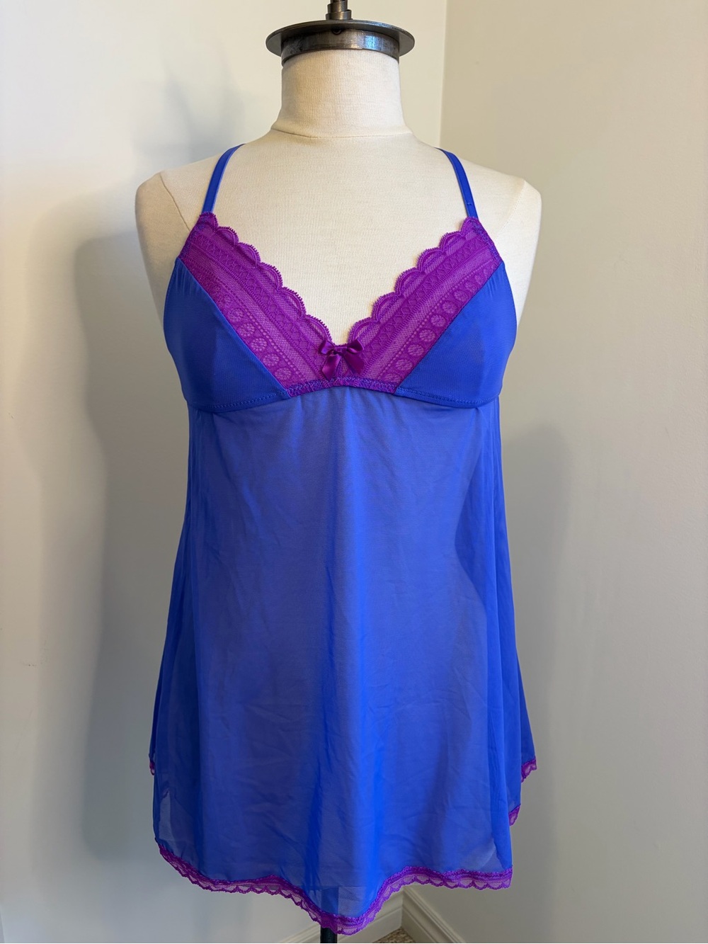 La SENZA Royal Blue Chemise with Purple Lace Trim SIZE SMALL